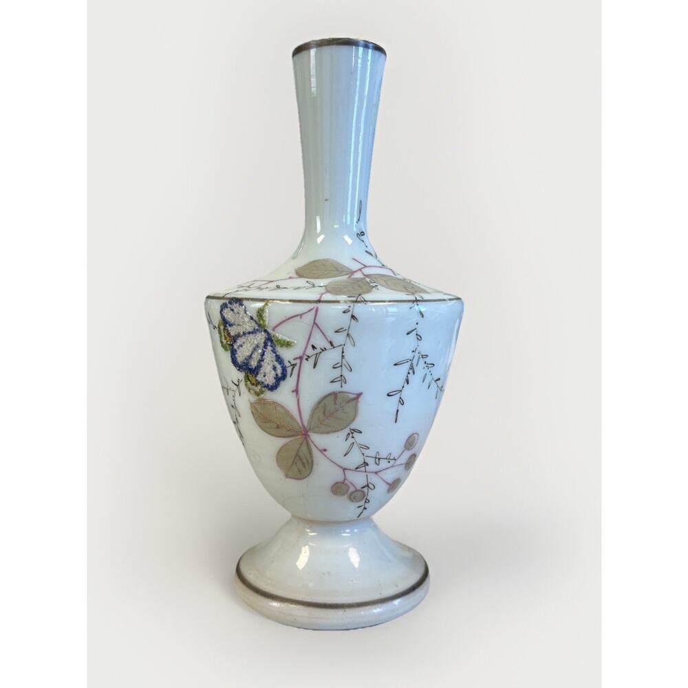 Antique Victorian Bristol Opaque Glass Vase Hand Painted Floral Mica 7”